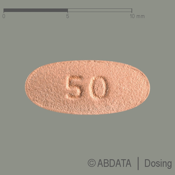 Produktabbildungen für LACOSAMID-ratiopharm 50 mg Filmtabletten in der Vorder-, Hinter- und Seitenansicht.