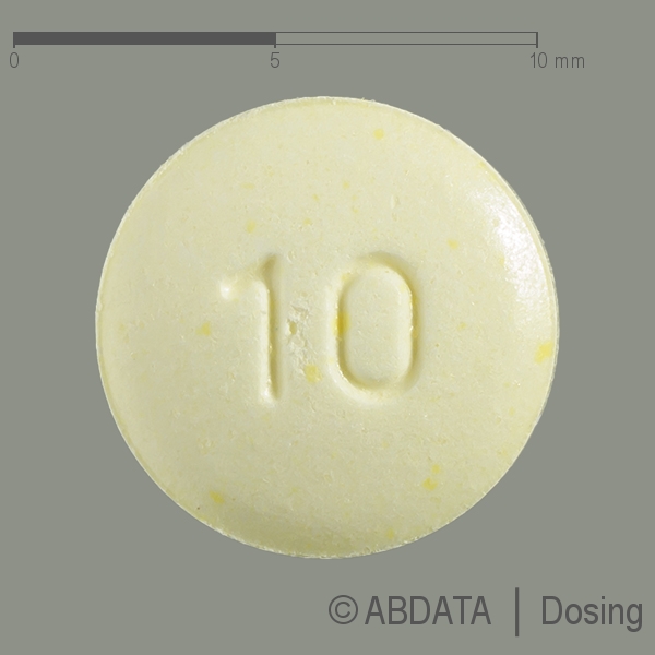 Produktabbildungen für OLANZAPIN-ratiopharm 10 mg Tabletten in der Vorder-, Hinter- und Seitenansicht.