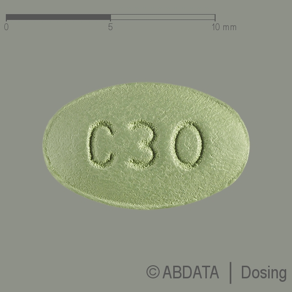 Produktabbildungen für CINACALCET-ratiopharm 30 mg Filmtabletten in der Vorder-, Hinter- und Seitenansicht.