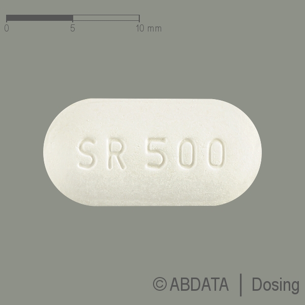 Produktabbildungen für SIOFOR XR 500 mg Retardtabletten in der Vorder-, Hinter- und Seitenansicht.