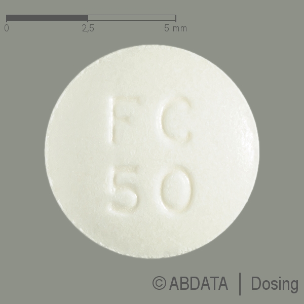 Produktabbildungen für FLECADURA 50 mg Tabletten in der Vorder-, Hinter- und Seitenansicht.