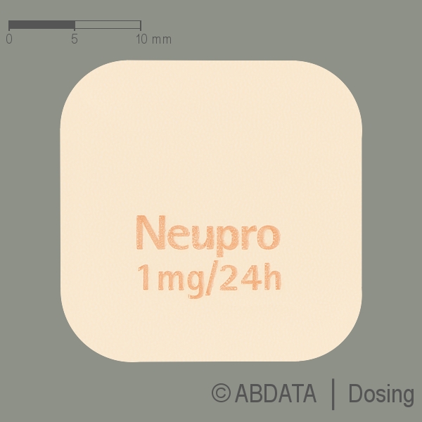 Produktabbildungen für NEUPRO 1 mg/24 h transdermale Pflaster in der Vorder-, Hinter- und Seitenansicht.