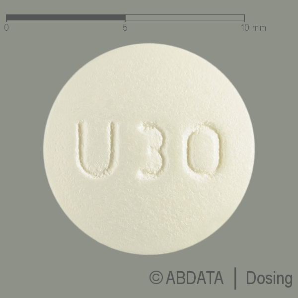 Produktabbildungen für ULIPRISTALACETAT AL 30 mg Filmtabletten in der Vorder-, Hinter- und Seitenansicht.