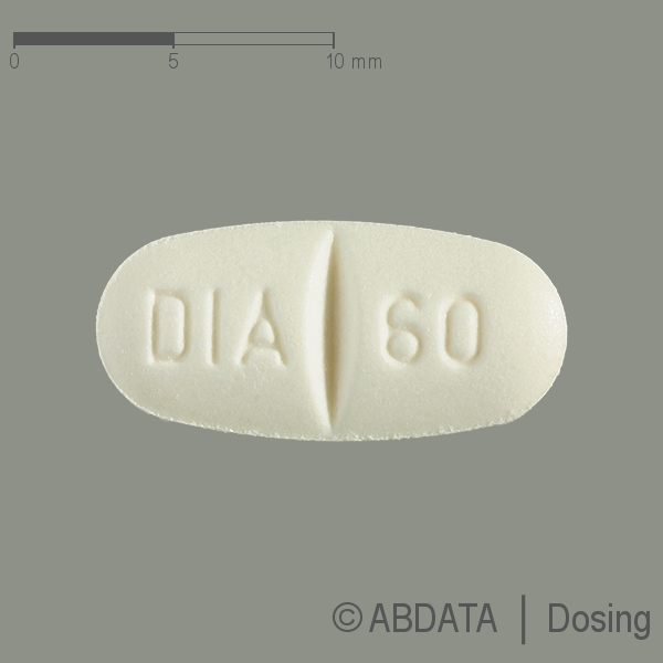 Produktabbildungen für DIAMICRON uno 60 mg Tab.m.veränd.Wirkst.-Frs. in der Vorder-, Hinter- und Seitenansicht.