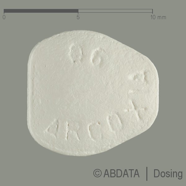 Produktabbildungen für ARCOXIA 90 mg Filmtabletten in der Vorder-, Hinter- und Seitenansicht.