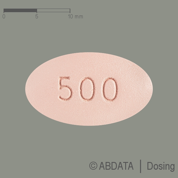 Produktabbildungen für ABIRANIO 500 mg Filmtabletten in der Vorder-, Hinter- und Seitenansicht.