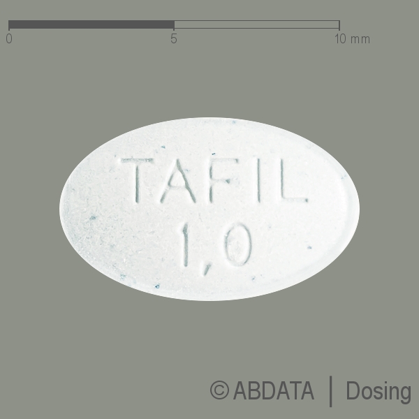 Produktabbildungen für TAFIL 1,0 mg Tabletten in der Vorder-, Hinter- und Seitenansicht.