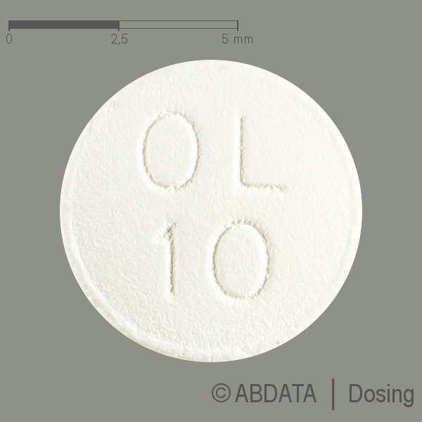 Produktabbildungen für OLMESARTAN-ratiopharm 10 mg Filmtabletten in der Vorder-, Hinter- und Seitenansicht.