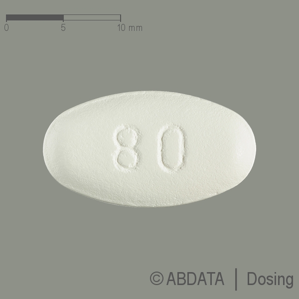 Produktabbildungen für ATORVASTATIN AbZ 80 mg Filmtabletten in der Vorder-, Hinter- und Seitenansicht.