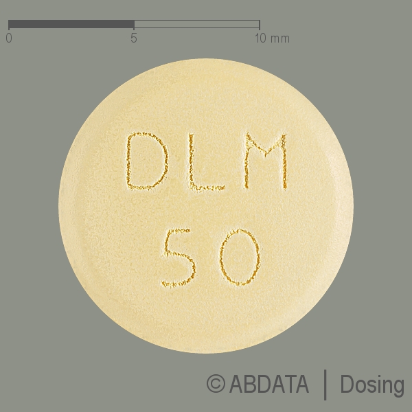 Produktabbildungen für DELTYBA 50 mg Filmtabletten in der Vorder-, Hinter- und Seitenansicht.