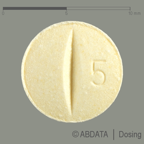 Produktabbildungen für BISOPROLOL-ratiopharm 5 mg Tabletten in der Vorder-, Hinter- und Seitenansicht.