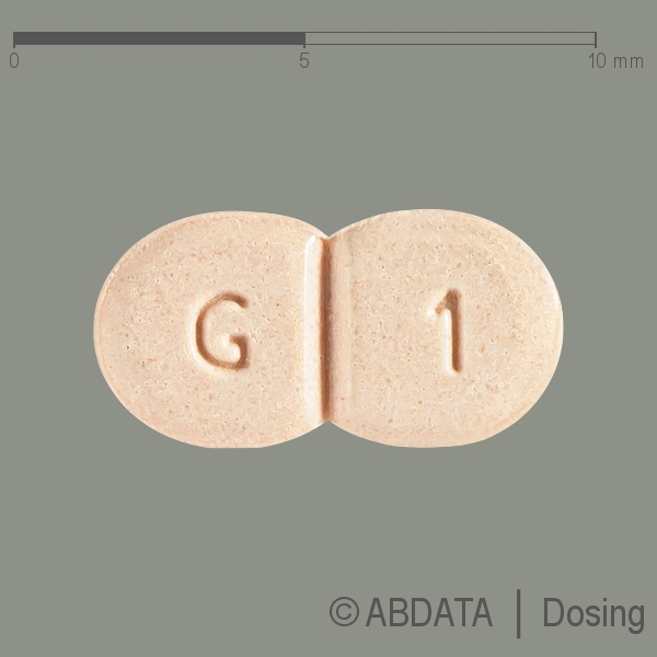 Produktabbildungen für GLIMEPIRID-1A Pharma 1 mg Tabletten in der Vorder-, Hinter- und Seitenansicht.