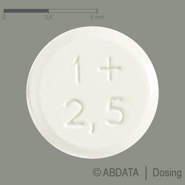 Produktabbildungen für INDIVINA 1 mg/2,5 mg Tabletten in der Vorder-, Hinter- und Seitenansicht.