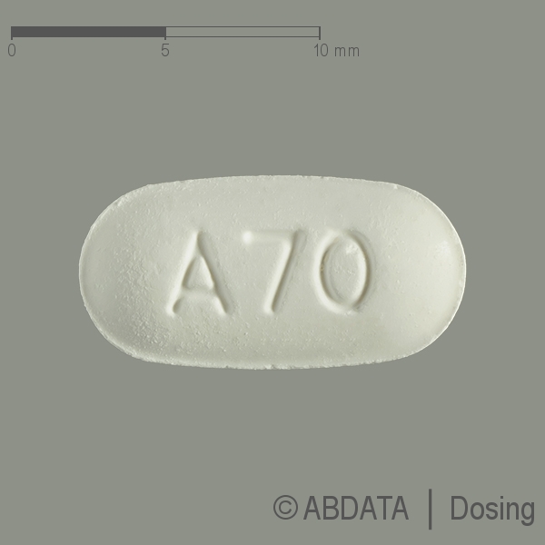 Produktabbildungen für ALENDRONSÄURE/Colecalciferol AbZ 70 mg/5.600 I.E. in der Vorder-, Hinter- und Seitenansicht.