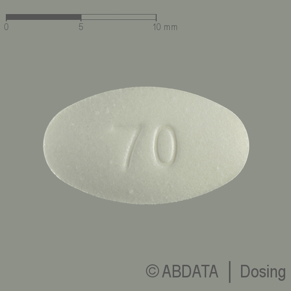 Produktabbildungen für ALENDRONSÄURE Bluefish 70 mg Tabletten in der Vorder-, Hinter- und Seitenansicht.