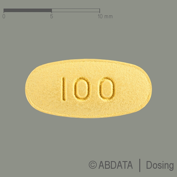 Produktabbildungen für LACOSAMID STADA 100 mg Filmtabletten in der Vorder-, Hinter- und Seitenansicht.
