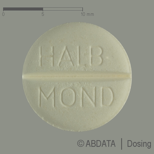 Produktabbildungen für HALBMOND Tabletten in der Vorder-, Hinter- und Seitenansicht.
