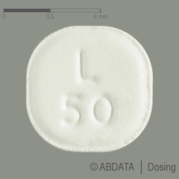 Produktabbildungen für LAMOTRIGIN-CT 50 mg Tabletten in der Vorder-, Hinter- und Seitenansicht.