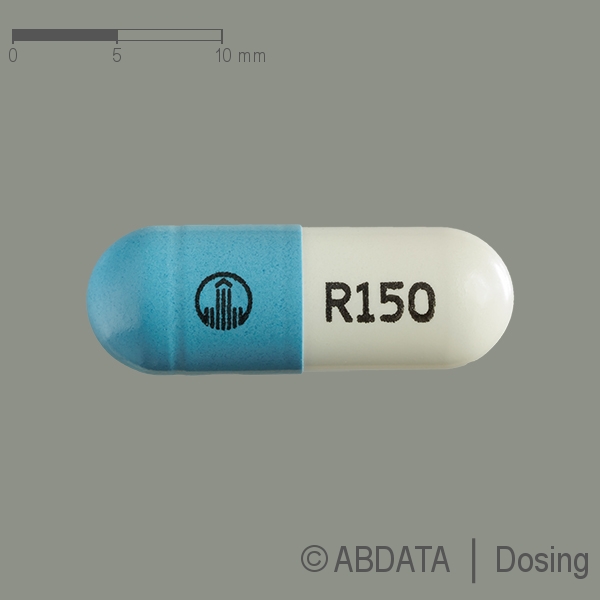Produktabbildungen für PRADAXA 150 mg Hartkapseln in der Vorder-, Hinter- und Seitenansicht.