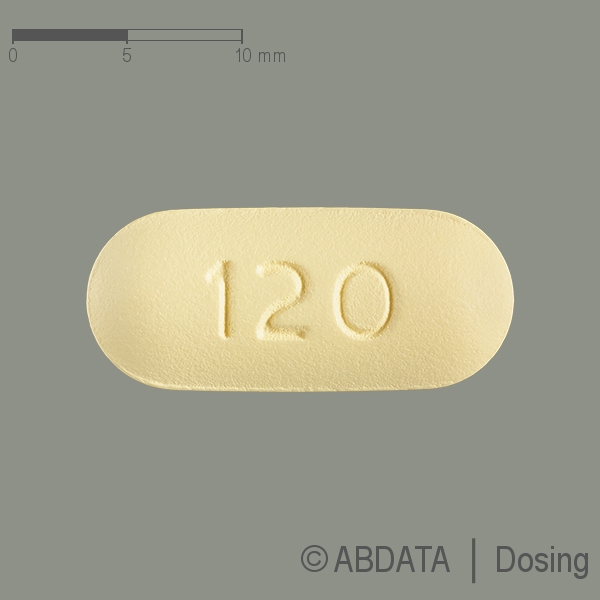 Produktabbildungen für FEBUXOSTAT-ratiopharm 120 mg Filmtabletten in der Vorder-, Hinter- und Seitenansicht.