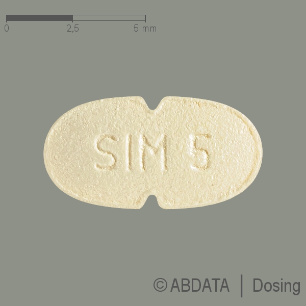 Produktabbildungen für SIMVAHEXAL 5 mg Filmtabletten in der Vorder-, Hinter- und Seitenansicht.