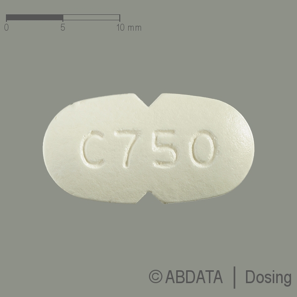 Produktabbildungen für CIPROFLOXACIN-ratiopharm 750 mg Filmtabletten in der Vorder-, Hinter- und Seitenansicht.