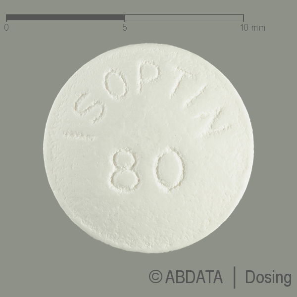 Produktabbildungen für ISOPTIN 80 mg Filmtabletten in der Vorder-, Hinter- und Seitenansicht.