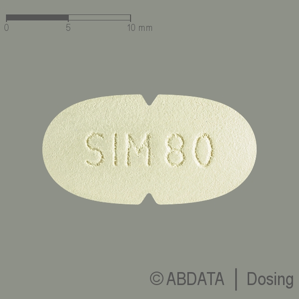 Produktabbildungen für SIMVAHEXAL 80 mg Filmtabletten in der Vorder-, Hinter- und Seitenansicht.