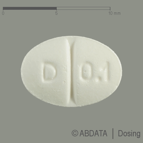 Produktabbildungen für DESMOPRESSIN Teva 0,1 mg Tabletten in der Vorder-, Hinter- und Seitenansicht.