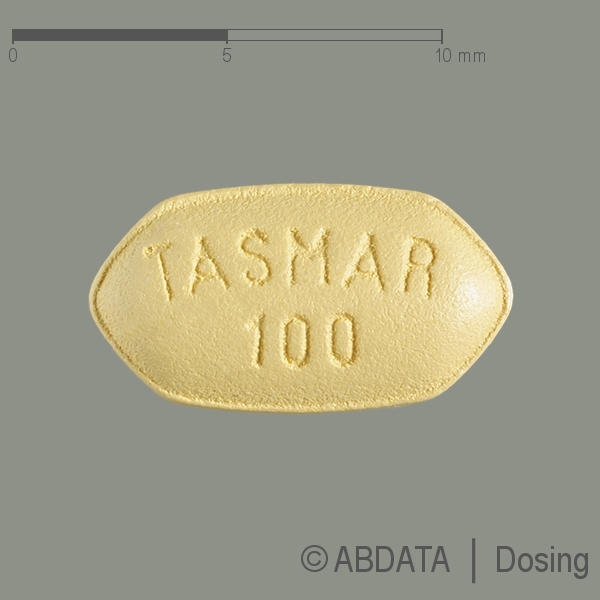 Produktabbildungen für TASMAR 100 mg Filmtabletten in der Vorder-, Hinter- und Seitenansicht.