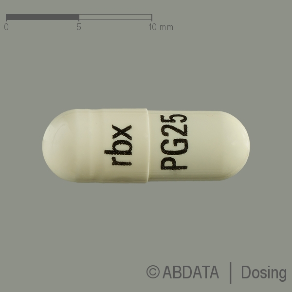 Produktabbildungen für PREGABALIN BASICS 25 mg Hartkapseln in der Vorder-, Hinter- und Seitenansicht.