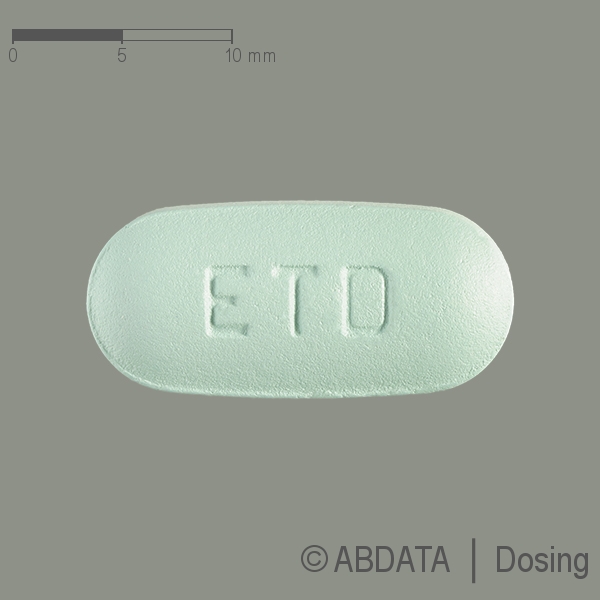 Produktabbildungen für EMTRICITABIN/Tenofovirdisoproxil Mylan 200/245 mg in der Vorder-, Hinter- und Seitenansicht.
