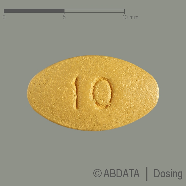 Produktabbildungen für TADALAFIL AbZ 10 mg Filmtabletten in der Vorder-, Hinter- und Seitenansicht.