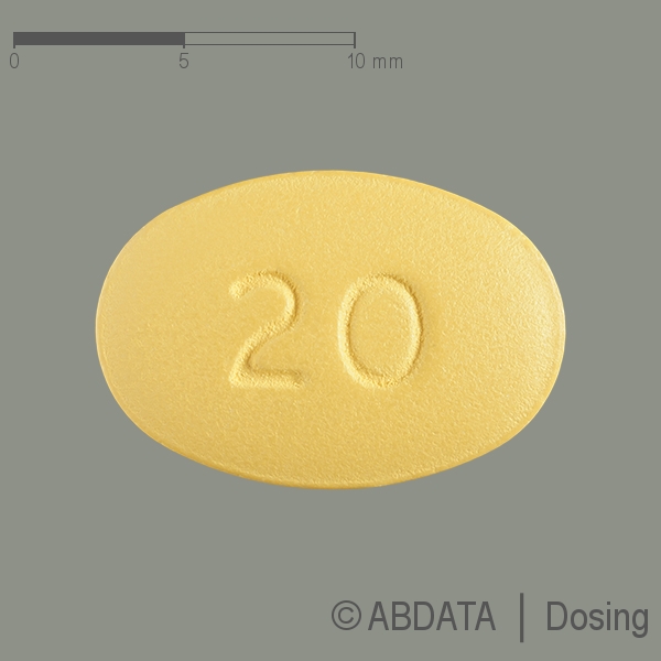 Produktabbildungen für TADIPAH 20 mg Filmtabletten in der Vorder-, Hinter- und Seitenansicht.
