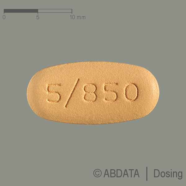 Produktabbildungen für XIGDUO 5 mg/850 mg Filmtabletten in der Vorder-, Hinter- und Seitenansicht.