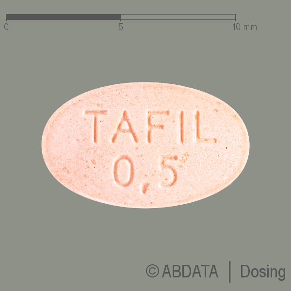 Produktabbildungen für TAFIL 0,5 mg Tabletten in der Vorder-, Hinter- und Seitenansicht.