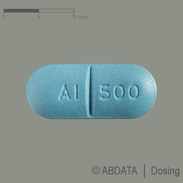 Produktabbildungen für AZI TEVA 500 mg Filmtabletten in der Vorder-, Hinter- und Seitenansicht.