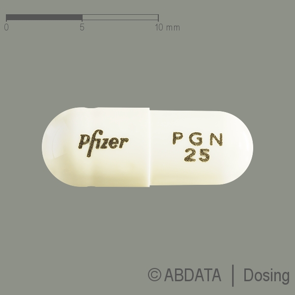Produktabbildungen für PREGABALIN Pfizer 25 mg Hartkapseln in der Vorder-, Hinter- und Seitenansicht.
