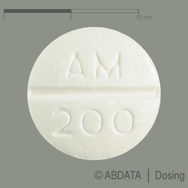Produktabbildungen für AMIODURA 200 mg Tabletten in der Vorder-, Hinter- und Seitenansicht.