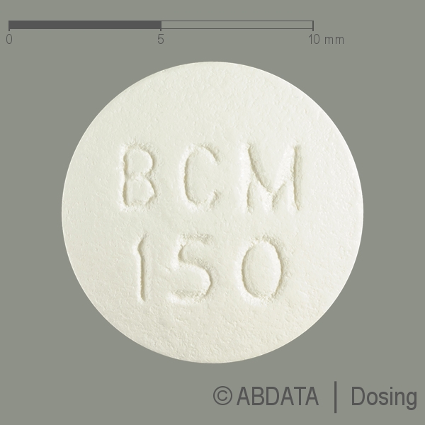 Produktabbildungen für BICALUTAMID Heumann 150 mg Filmtabletten in der Vorder-, Hinter- und Seitenansicht.