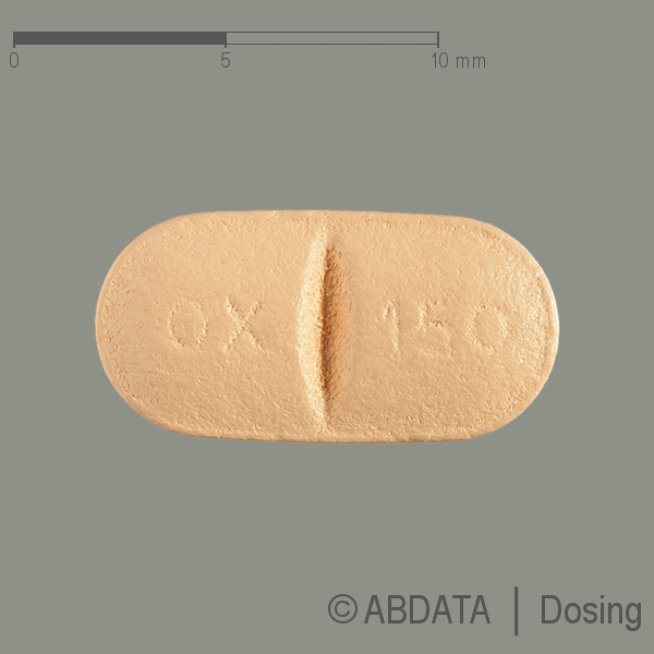 Produktabbildungen für OXCARBAZEPIN dura 150 mg Filmtabletten in der Vorder-, Hinter- und Seitenansicht.