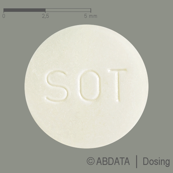 Produktabbildungen für SOTAHEXAL 80 mg Tabletten in der Vorder-, Hinter- und Seitenansicht.
