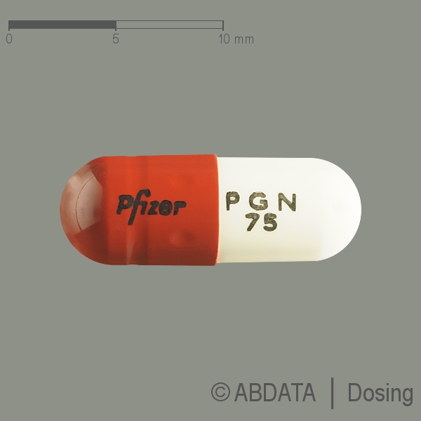 Produktabbildungen für PREGABALIN Pfizer 75 mg Hartkapseln in der Vorder-, Hinter- und Seitenansicht.