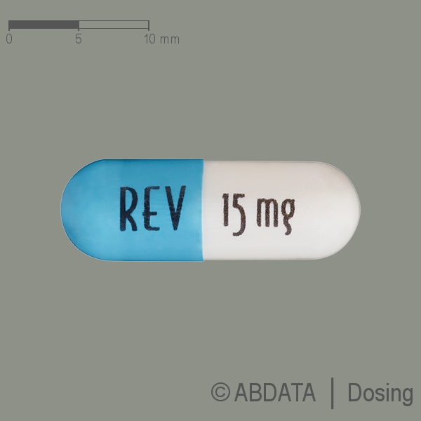 Produktabbildungen für REVLIMID 15 mg Hartkapseln in der Vorder-, Hinter- und Seitenansicht.