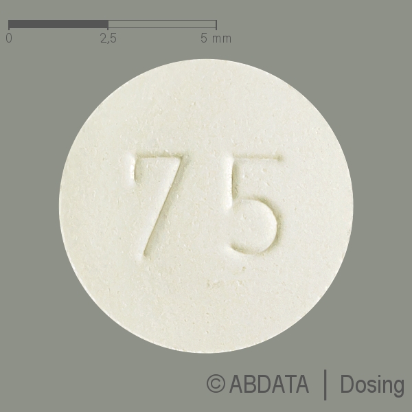 Produktabbildungen für L-THYROXIN 75-1A Pharma Tabletten in der Vorder-, Hinter- und Seitenansicht.