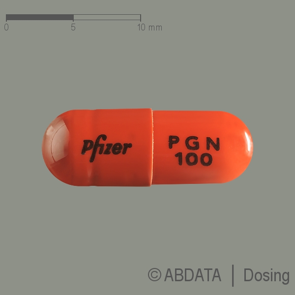 Produktabbildungen für PREGABALIN Pfizer 100 mg Hartkapseln in der Vorder-, Hinter- und Seitenansicht.