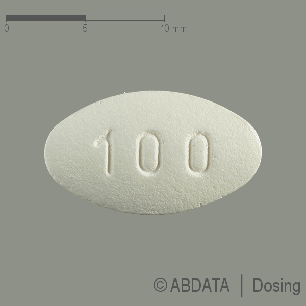 Produktabbildungen für LOSAR Teva 100 mg Filmtabletten in der Vorder-, Hinter- und Seitenansicht.