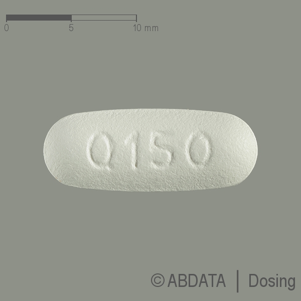 Produktabbildungen für QUETIAPIN-ratiopharm 150 mg Retardtabletten in der Vorder-, Hinter- und Seitenansicht.
