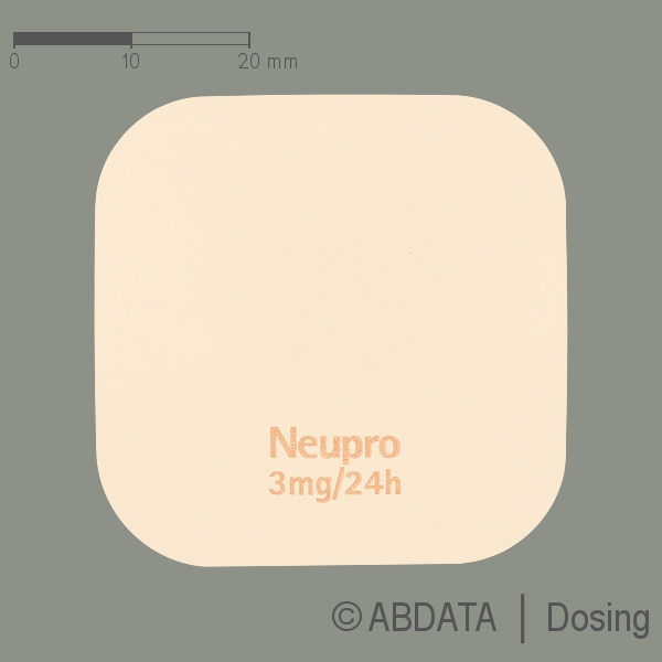 Produktabbildungen für NEUPRO 3 mg/24 h transdermale Pflaster in der Vorder-, Hinter- und Seitenansicht.