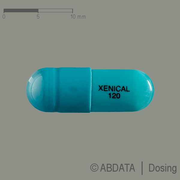 Produktabbildungen für XENICAL 120 mg Hartkapseln in der Vorder-, Hinter- und Seitenansicht.